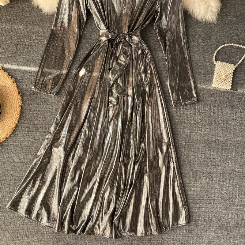 

European 2020 Spring Autumn Women Midi Dress Vintage Round Neck Bright Black/Blue/Red/Silver/Golden Dress Vestidos For Female