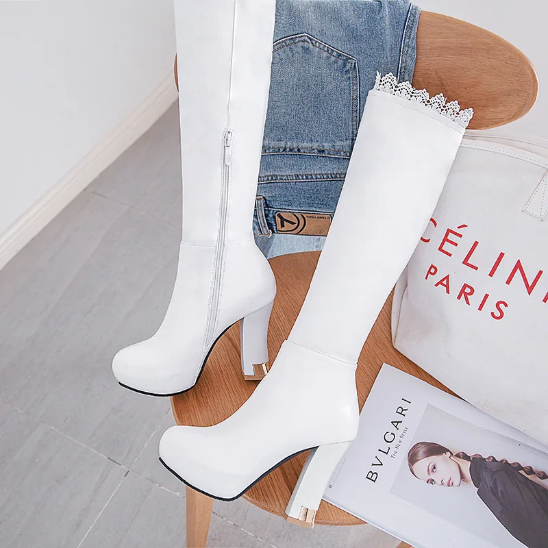 

Women Fashion Knee High Boots Platform Square High Heels Pu Leather Zipper Boots Autumn Winter Woman 2021 Silk edge Casual Shoes