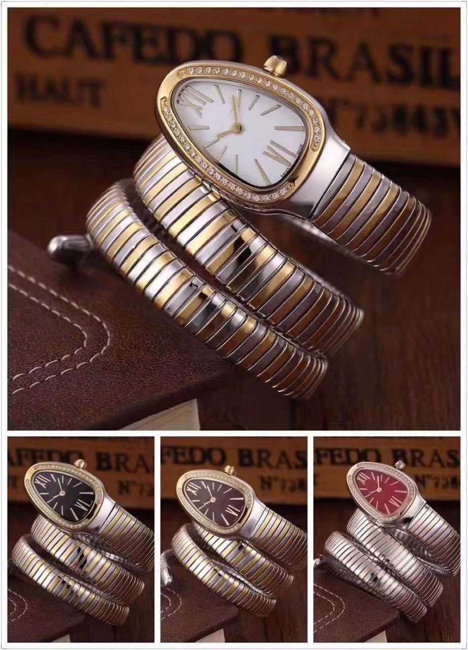 

Classic New Women Snake Silver Yellow Gold Long Bracelet Diamond Bezel Rome Japanese Quartz Stainless Steel Sapphire Watch