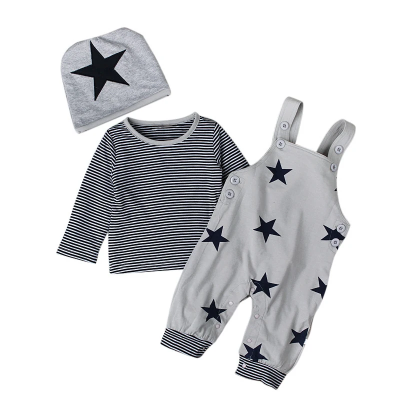 New Promotion Spring And Autumn Children's Suit Boy Star Strap Trousers + long-sleeved T-shirt hat Three-piece Wear |