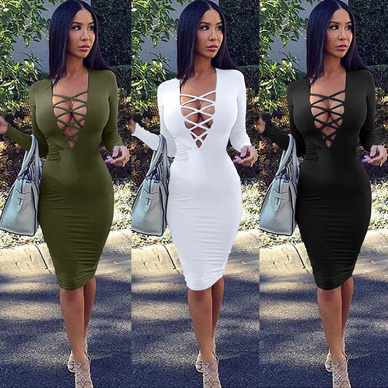 

XUXI Women Sexy V-neck Hollow Long Sleeve Dress Summer 2021 E1194