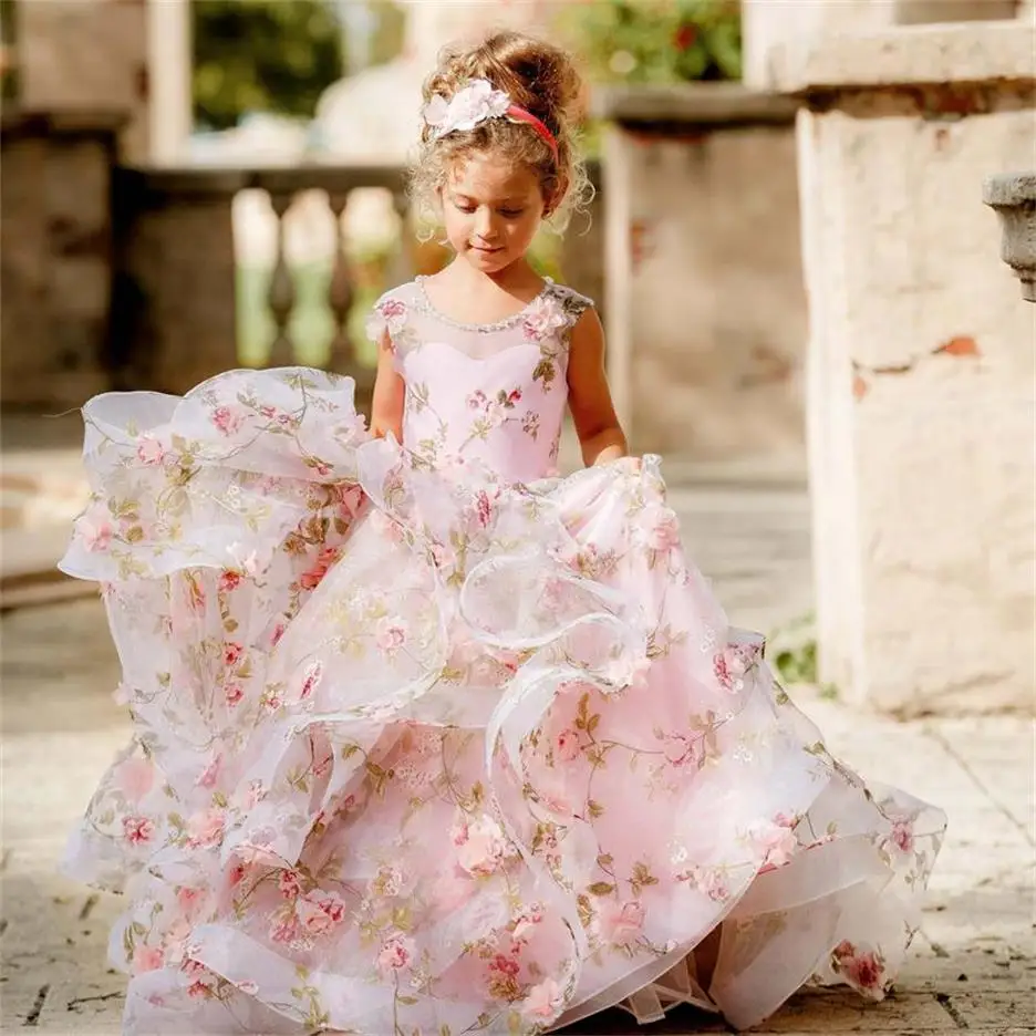 

Princess Flower Girl Dresses For Wedding Ruffled Tiered Skirts Toddler Pageant Gowns Sweep Train Tulle Kids Prom Dress