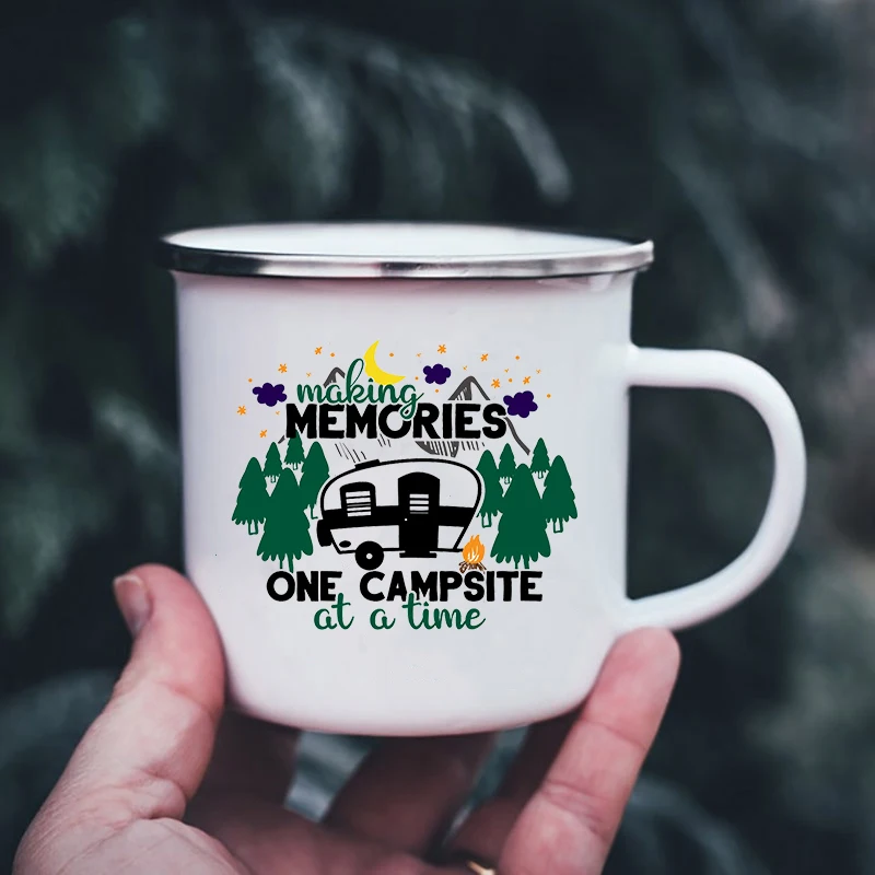 Mountain Print Enamel Cups Camping Mugs Handle Drinkware Vacation Hiking Campfire Mug Outdoor Campervan Coffee cup Camper Gifts images - 6