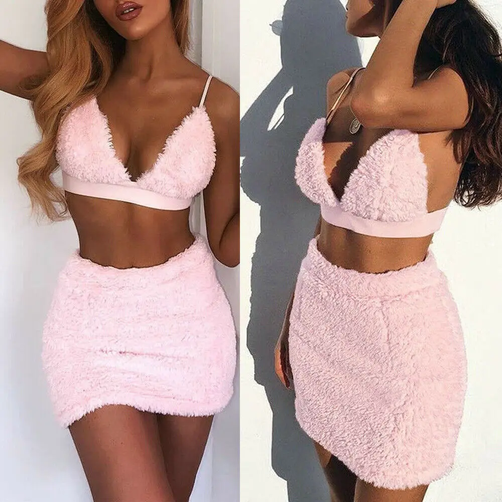 

Summer Hot Fashion Sexy Women Skirt Outfits Bra and Velvet Slim Mini Skirts Sets Two Piece Set Off Shoulder Straps Crop Tops
