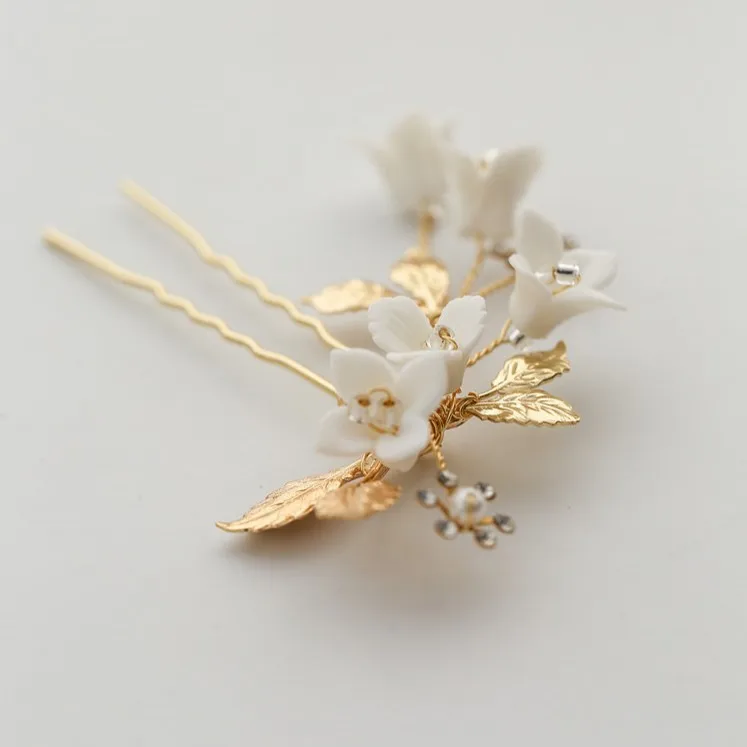 Нежный фарфор цветок свадебные волосы гребень Шпильки Золотой лист женский