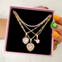 pink crystal love heart twisted chain pendant necklace for women multilayer full rhinestone tennis chain clavicle chain jewelry