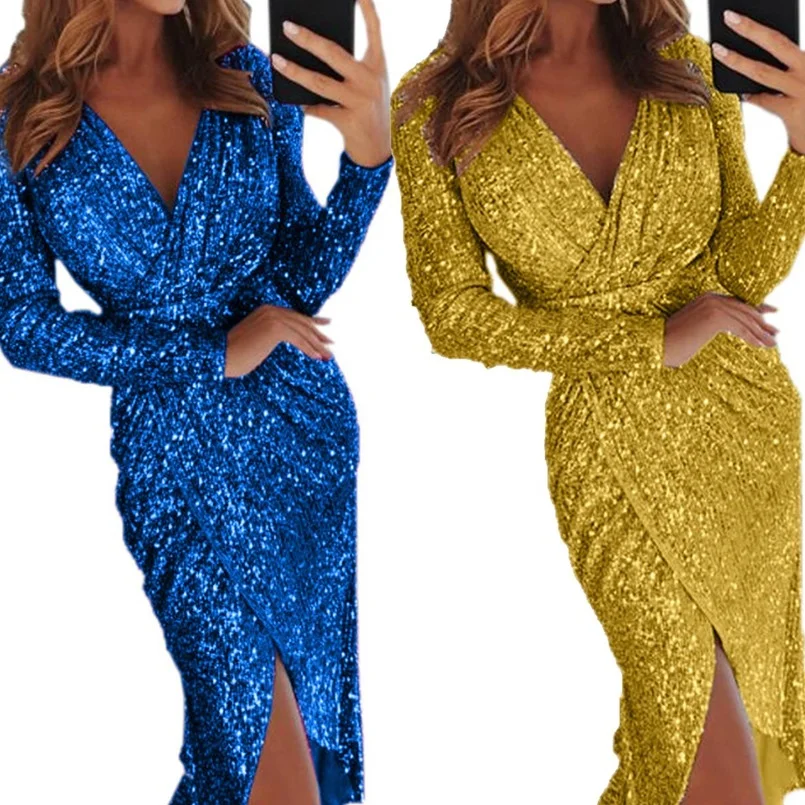 

Shiny Dress Sexy Swing Women Sequin Wrap Dress Party Night Sukienka Front Slit Solid Long Sleeve Tight Waist Dress Deep V Neck
