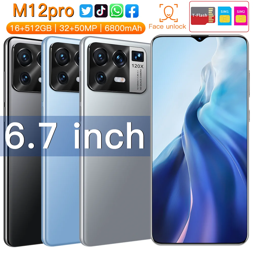 

M12 Pro Global Version Smartphone 16GB 512GB 32MP 50MP 10 Core Android 11 Face ID 6800mAh Snapdragon 888 6.7 Inch Mobile Phone