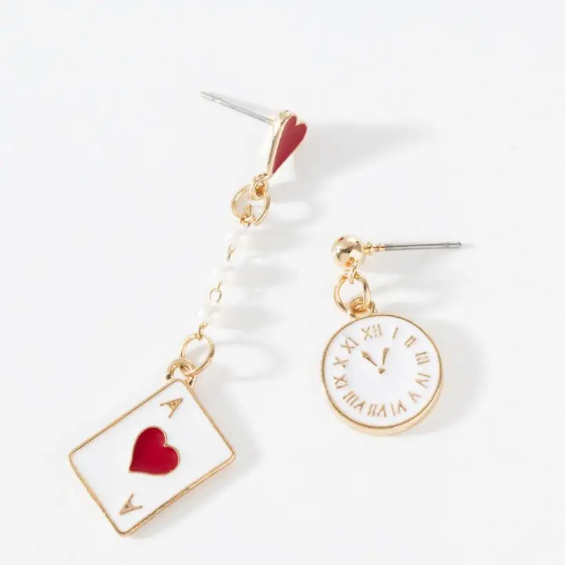 

Cute Poker Clock Asymmetric Dangle Earrings For Women Teens Girls Personalized Ear Studs Drop Earrings Fashion Party Jewelry