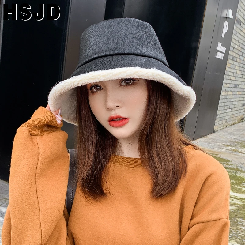Women Hat Thicken Warm Faux Fur Bucket Hat Leather Large Brim Fisherman's Hats Autumn And Winter Hats for Women Panama Lady Cap