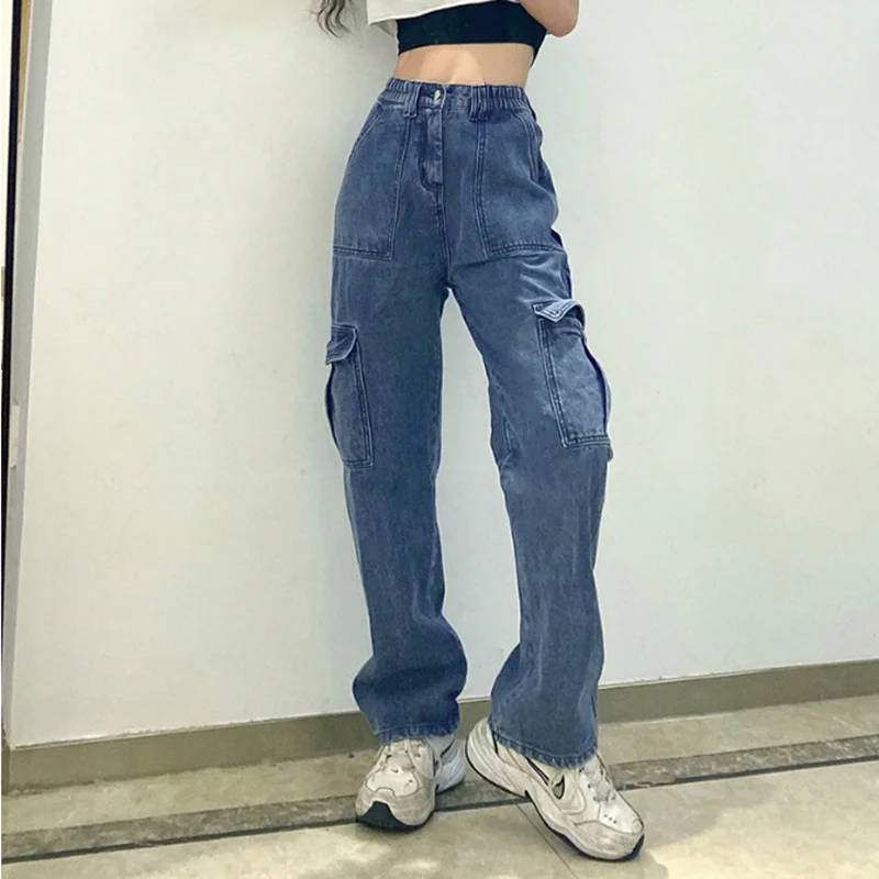 

2021 New Pockets Patchwork Baggy Jeans Fashion Streetwear Women 100% Cotton High Waist Denim Trouser Loose Cargo Pants