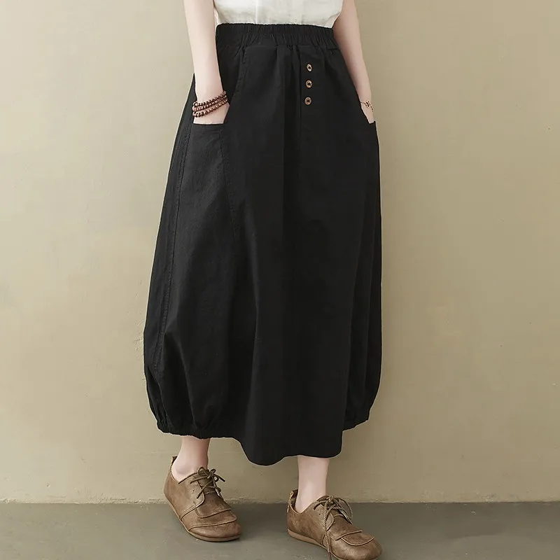 

Women Vintage A-Line Long Skirts New 2021 Summer Simple Style Solid Color Elastic Waist Female Cotton Linen Casual Skirt S4006