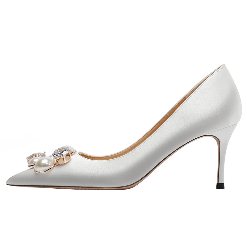 

Bride wedding shoes women's new winter white satin pearl square buckle point thin heel shoes