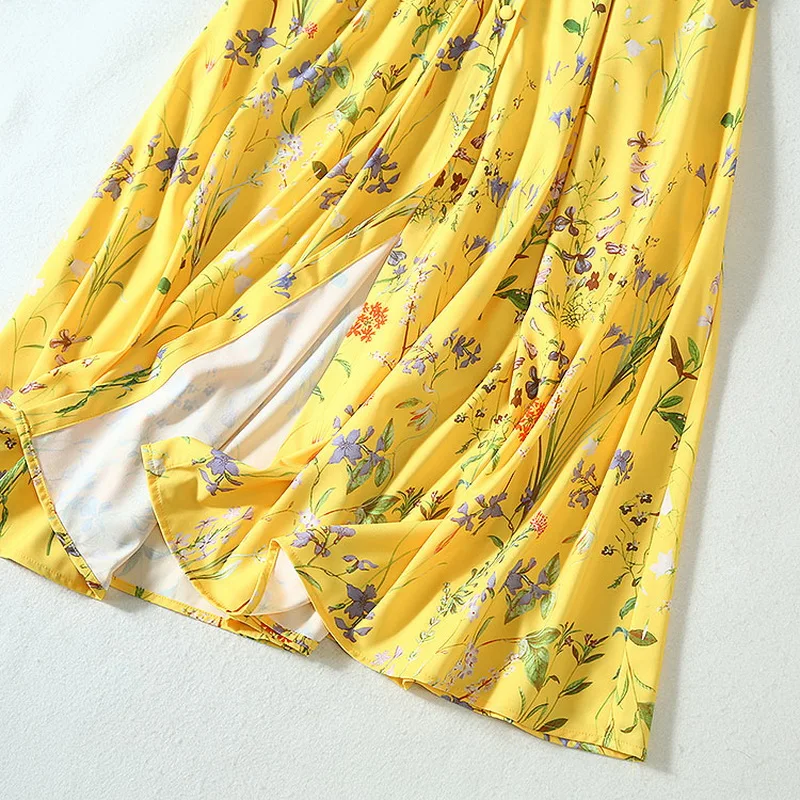 

2020 Autumn Fashion High Quality Women Turn-down Collar Colorful Floral Print Long Shirt Style Maxi Dress Yellow