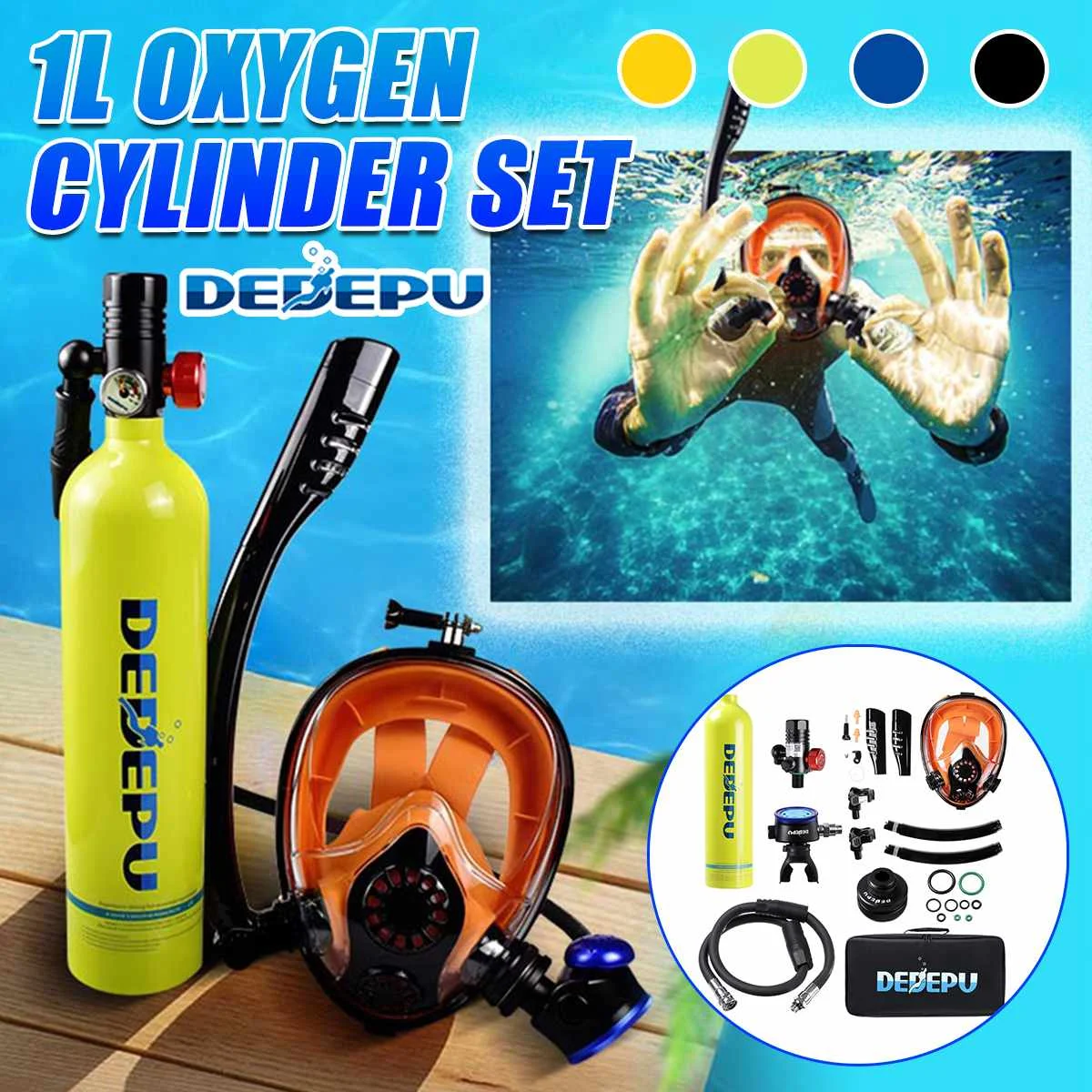 

DEDEPU 1L Oxygen Cylinder Scuba Diving Tank Dive Respirator Underwater Breathing Equipment Tool Set with Full Face Snorkel Mask