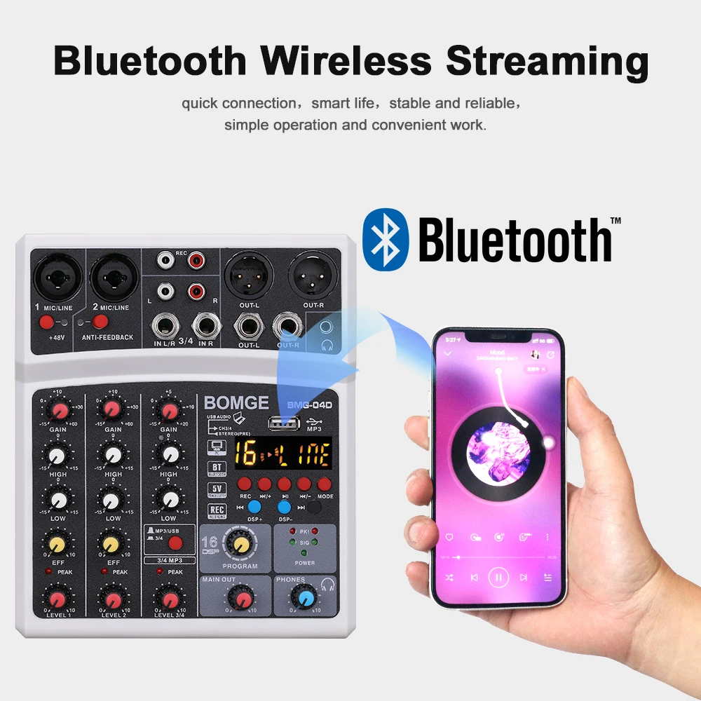 

4-канальный звуковой микшер, смешивающий DJ-консоль, USB с 48 В фантомным питанием, 16 DSP эффектов