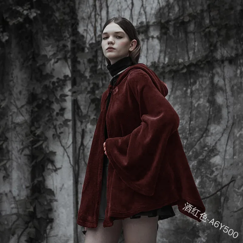 

Kalenmos Gothic Fashion Woman Jacket Crescent Hooded Flare Sleeve Solid Color Cardigan Halloween Plush Coat for Women