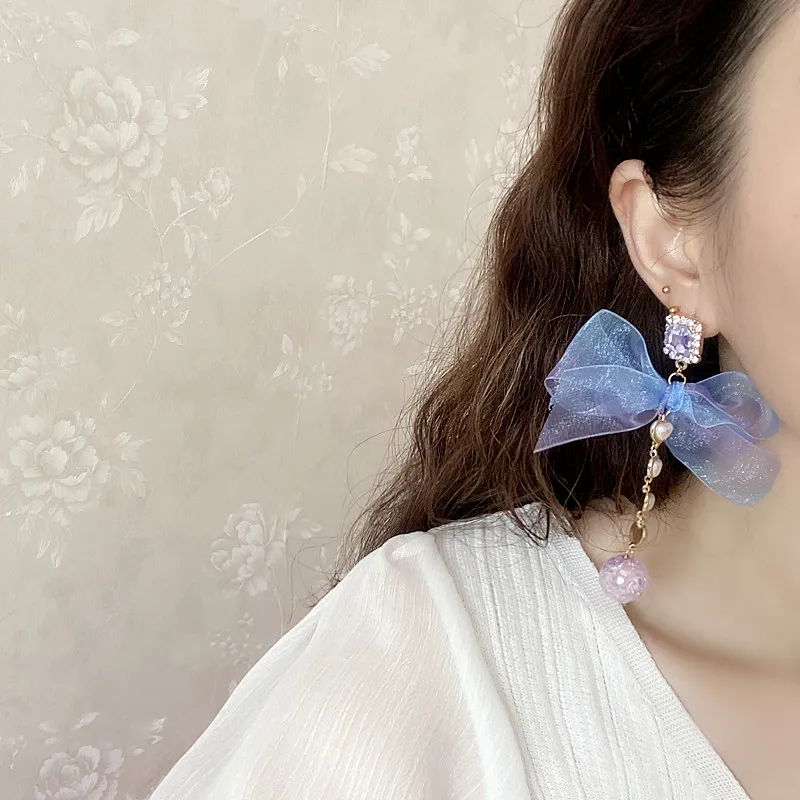 Корейские милые длинные висячие серьги фиолетового цвета из пряжи с бантом в