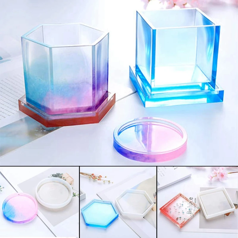 

5 Pcs Diy Silicone Coaster Resin Molds Epoxy Casting Including Round Hexagon And Square Mold For Resin Concrete Cement Home Deco