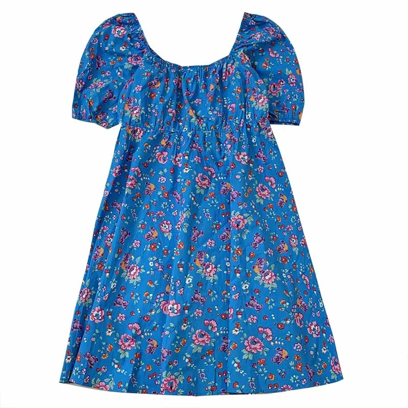 

Summer blue retro small floral all-match short-sleeved dress