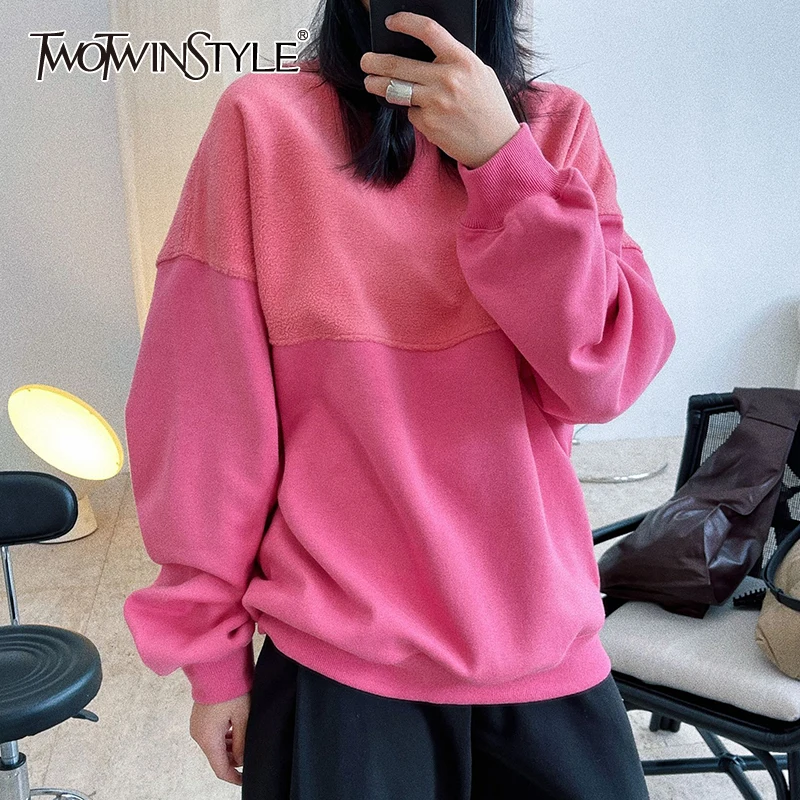 

TWOTWINSTYLE Casual Sweatshirt For Women Round Neck Loose Fitting Long Sleeve Plain Pullovers Female 2021 Autumn Fashion Clothes