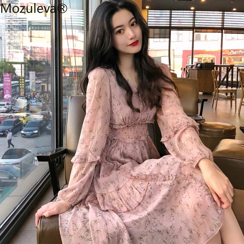 Mozuleva элегантный v вырез Цветочный принт Для женщин шифоновое платье с эластичной