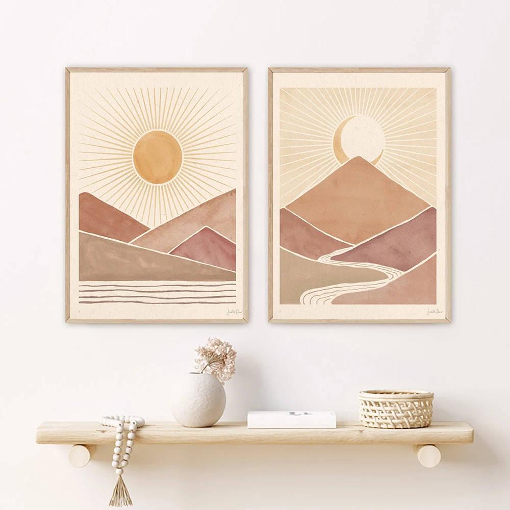 

Sun Moon Print Boho Bedroom Decor Modern Mid Century Minimalist Poster Living Room Canvas Painting Terracotta Wall Art Pictures