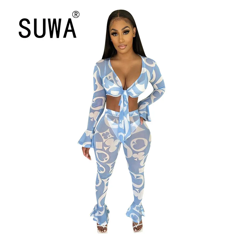 

See Through Mesh Patchwork Loungewear Women Two Piece Outfits Long Sleeve Crop Top High Waist Skinny Pants Party Club Sets