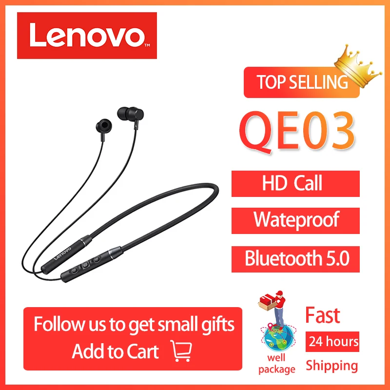 

Original Lenovo QE03 V5.0 Wireless Neckband Bluetooth Earphones Sports Stereo Earbuds Magnetic Earphones Headset for Android iOS