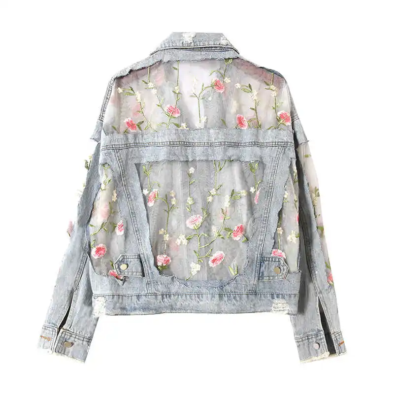 

IEQJ Summer Female Lapel Single Breasted Minimalist Loose Cotton Flower Embroidered Lace Stitching Denim Jacket Cardigan Coat