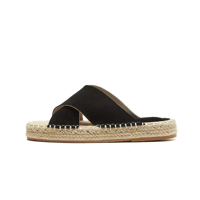 

Bohemia Style Casual Slippers Women Straw Beach Sandals Shoes Leather Suede Summer Open Toe Flat Platform Outdoor Female Slides