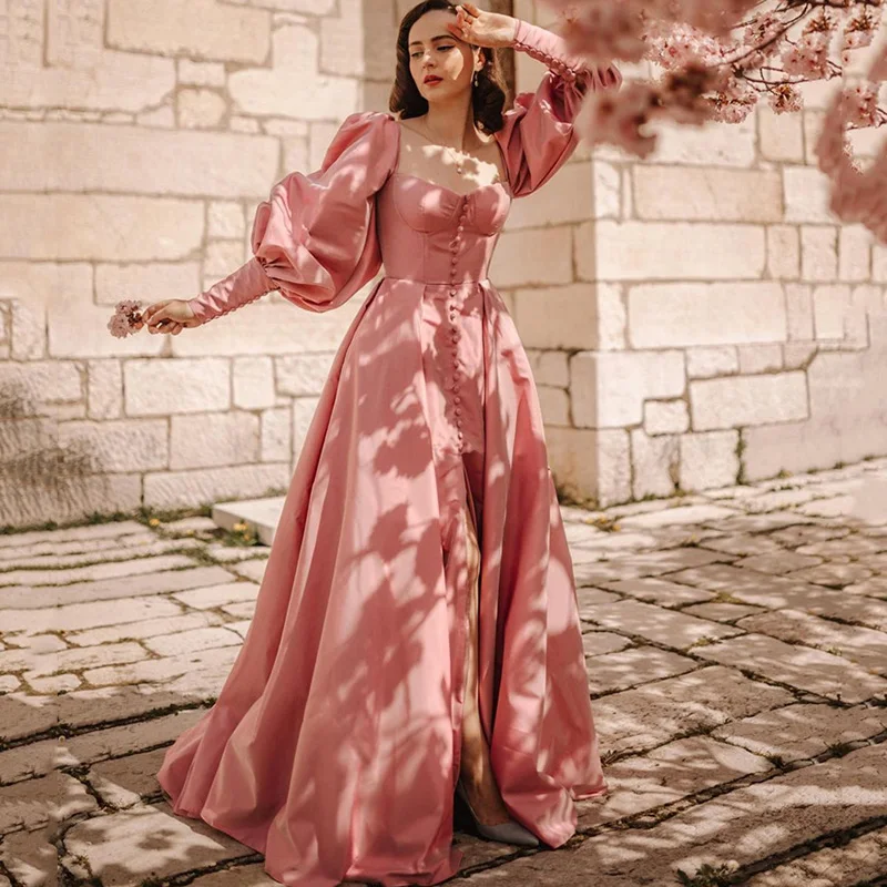 

Fairy Pink Prom Dresses Long 2021 Puff Sleeve Formal Evening Party Gowns Buttons Split Front Taffeta Vestido de Formatura