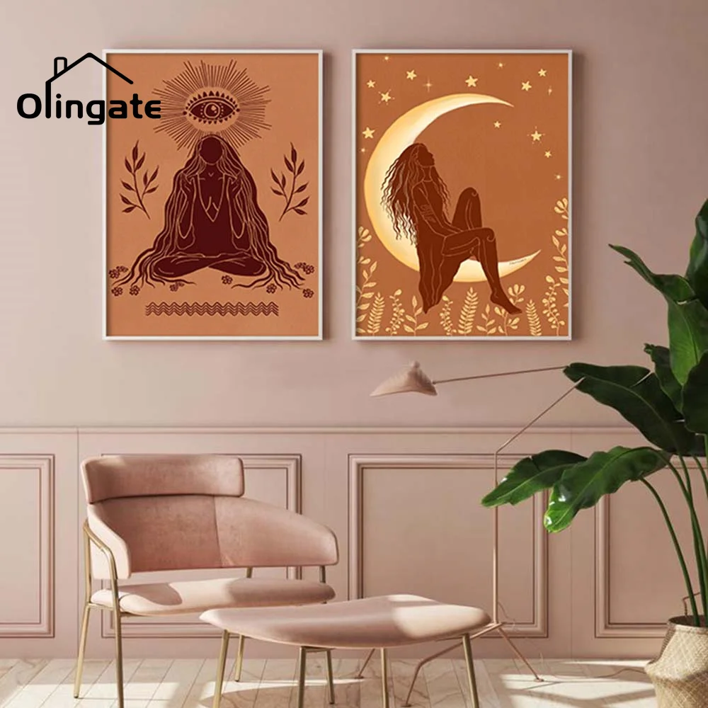 

Vintage Spiritual Illustration Canvas Posters Abstract Retro Girl In The Moon One Piece Wall Art Home Living Drawing Room Decor