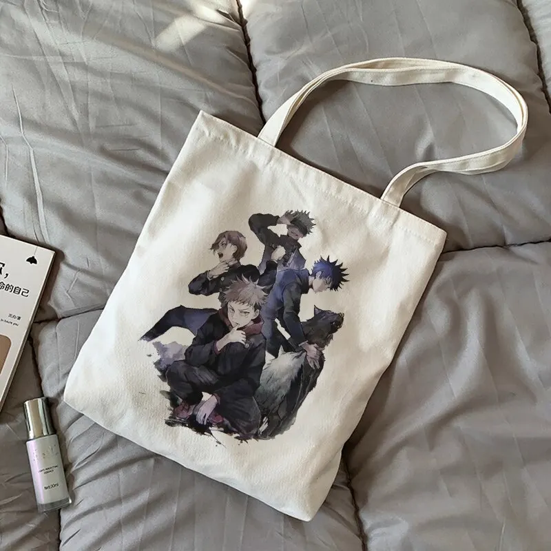 

Холщовая пляжная сумка-тоут, сумки для покупок, белые многоразовые женские сумки, женская сумочка из японского аниме, симпатичная сумка для ...
