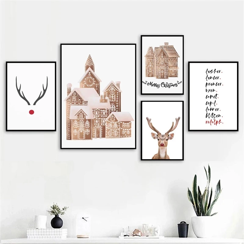

Christmas Nordic Posters and Prints Deer Building Modern Wall Art Canvas Painting Merry Christmas Quotes Living Room Decor Mural