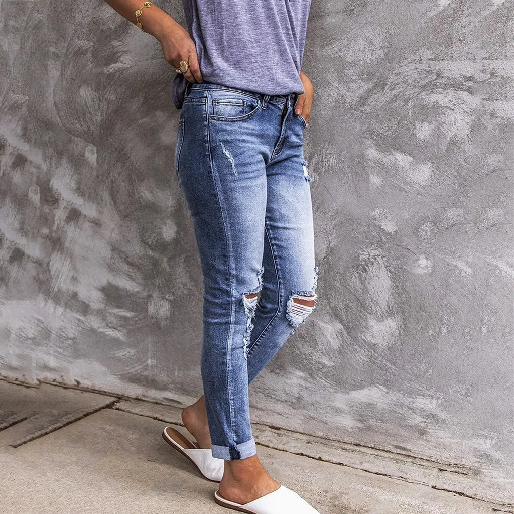 Новые женские сексуальные рваные джинсы с дырками Стрейчевые прямые брюки