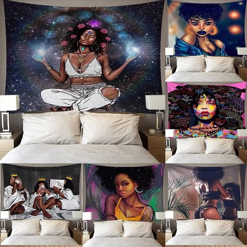 

FFO Watercolour African Woman Wall Art Tapestry Hanging Background Cloth Tapestries Home Decoration 3D Printed Poster Painting