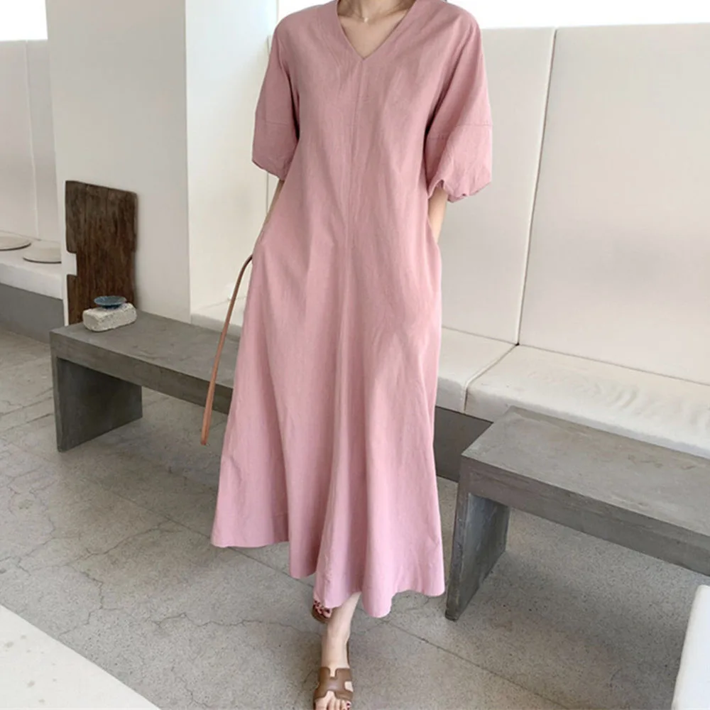 

2021 Summer New Lantern Sleeve V-neck Loose Swing Women's Dress Solid Color Retro Japanese Style Korean Fashion Hot Sale