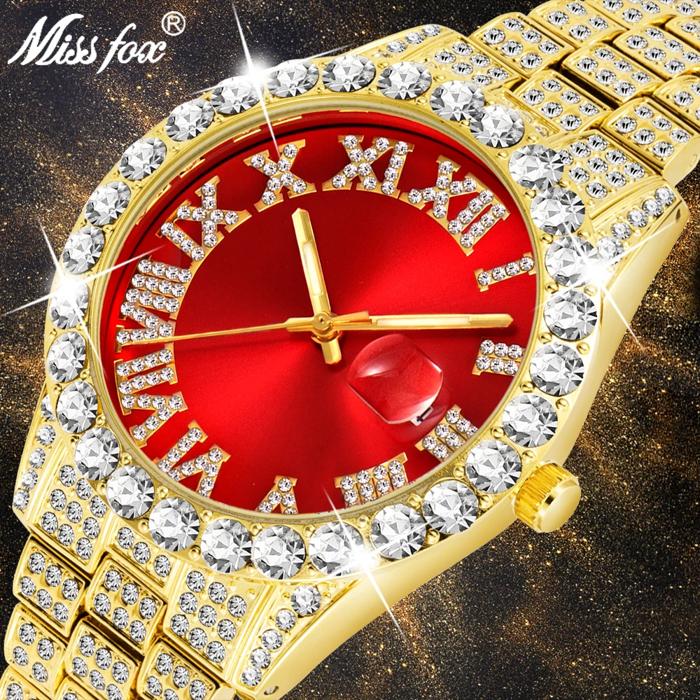 Мужские часы MISSFOX 2020 современные водонепроницаемые красные с бриллиантами