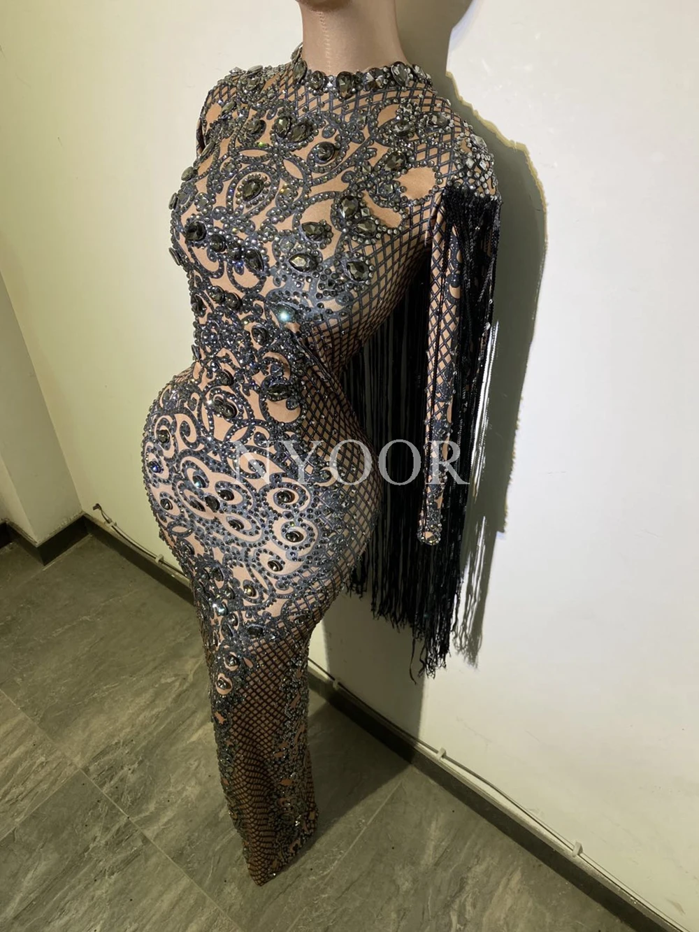 

Sparkly Rhinestones Fringes Long Dress Women Evening Wedding Prom Party Birthday Tassel Bodycon Dresses Singer Stage Costume