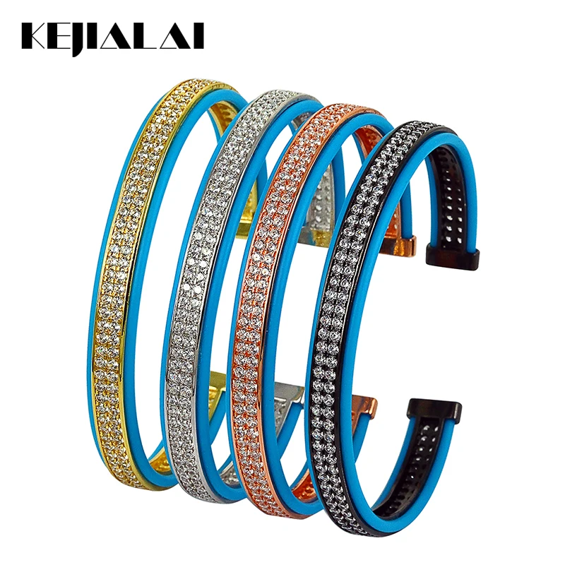 

Leather Bangle fashion Blue Genuine Leather Pave With Double Lines Clear Zirconia Cuff Adjustable Bracelet For Women Men 2021