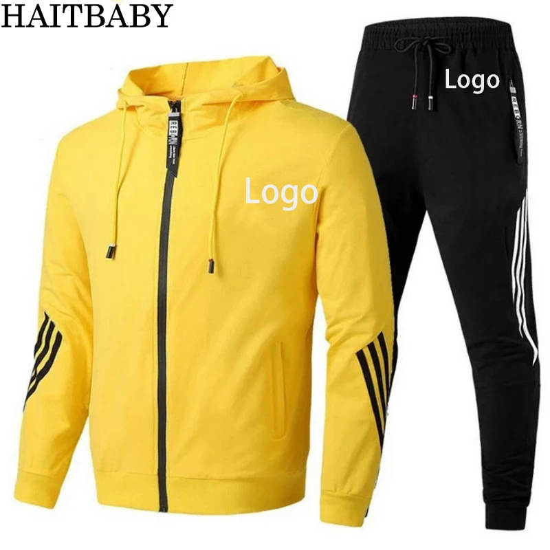 

Customizable Logo New Casual Men's Hooded Suit Running Sportswear 2 Piece Set Zipper Hoodie + Sweatpants Jogging Male Tracksuit