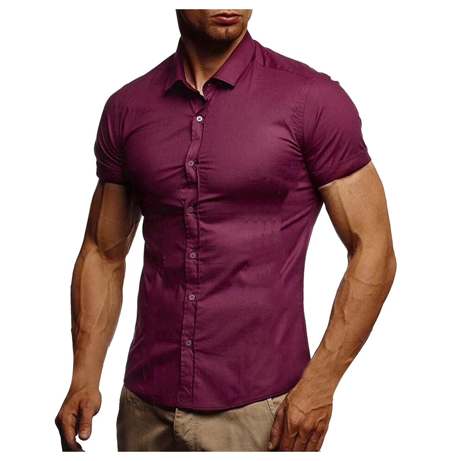 

New Men's Casual Business Shirts Affairs Solid Short Sleeve Button Turn-down Collar High Quality Casual Tight Tdesign Shirt 2021