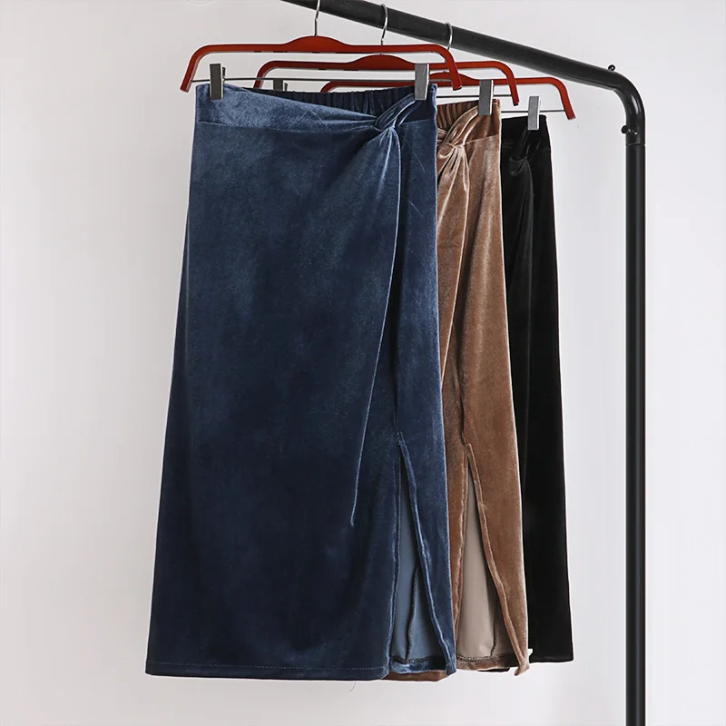 Зима Осень Юбки женские бархатные длинная юбка с разрезами растягивается