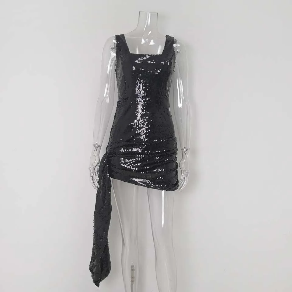 Black Dress Karlofea/Женская Яркая юбка с блестками; элегантные шикарные Короткие вечерние наряды с рюшами; облегающая юбка с запахом; блестящая Великолепная одежда для дня рождения - Цвет: Black Dress