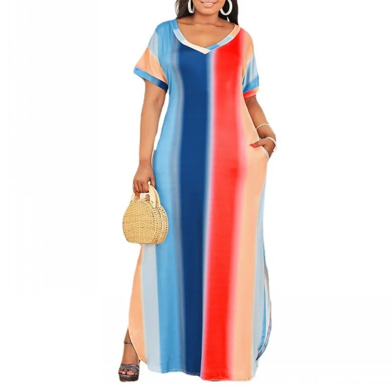 Plus Size Women Maxi Dress 4XL 5XL V Neck  Short Sleeve Loose 2021 New Rainbow Stripes Print Casual T Shirt Dresses Robes Summer