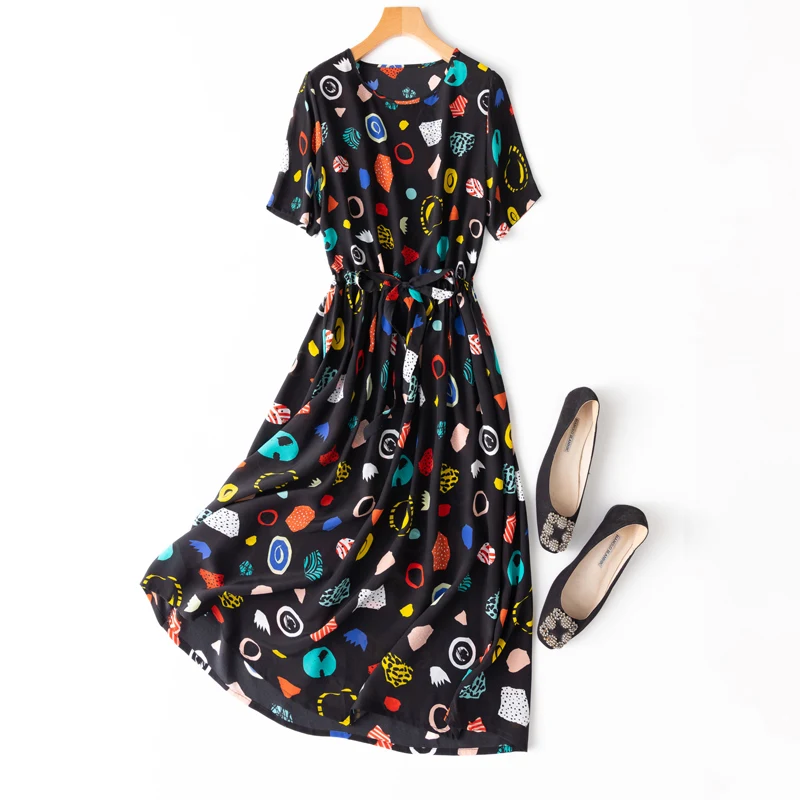 

SHUCHAN Summer Dress Women High Street Sashes Mid-Calf Vestiti Donna Estate In Seta O-Neck Korean Fashion Dress