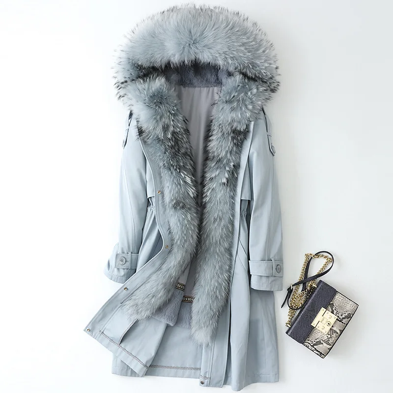 

Повседневное Толстое Зимнее меховое школьное пальто, верхняя одежда, подкладка из кроличьего меха, меховой воротник из енота, съемные куртк...