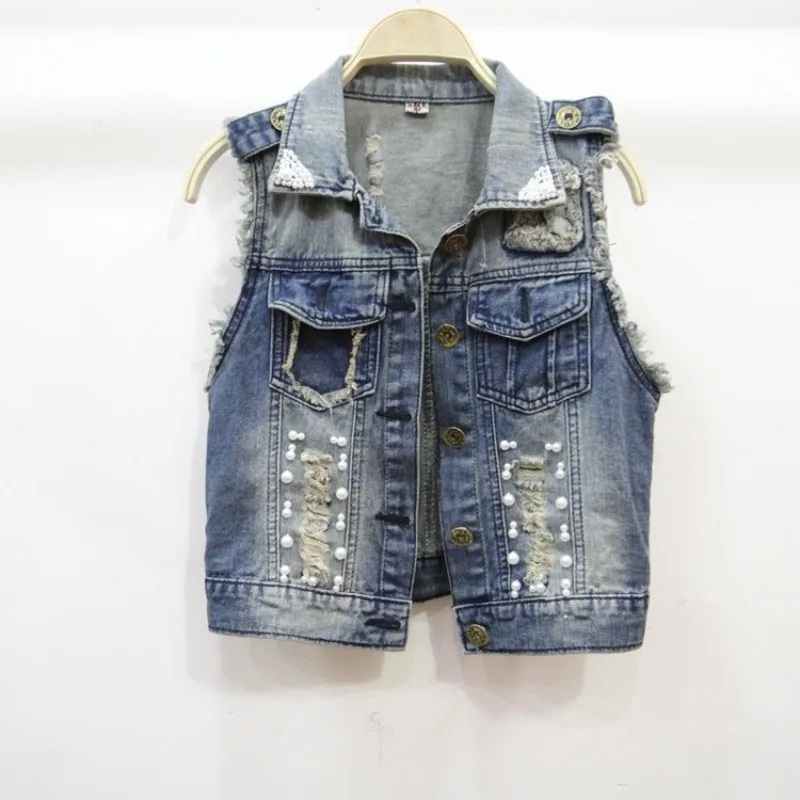 

Office Lady Denim Vest Fashion Ripped Hole Sleeveless Short Jacket Beading Single Breasted Waistcoat High Street Jean Jacket