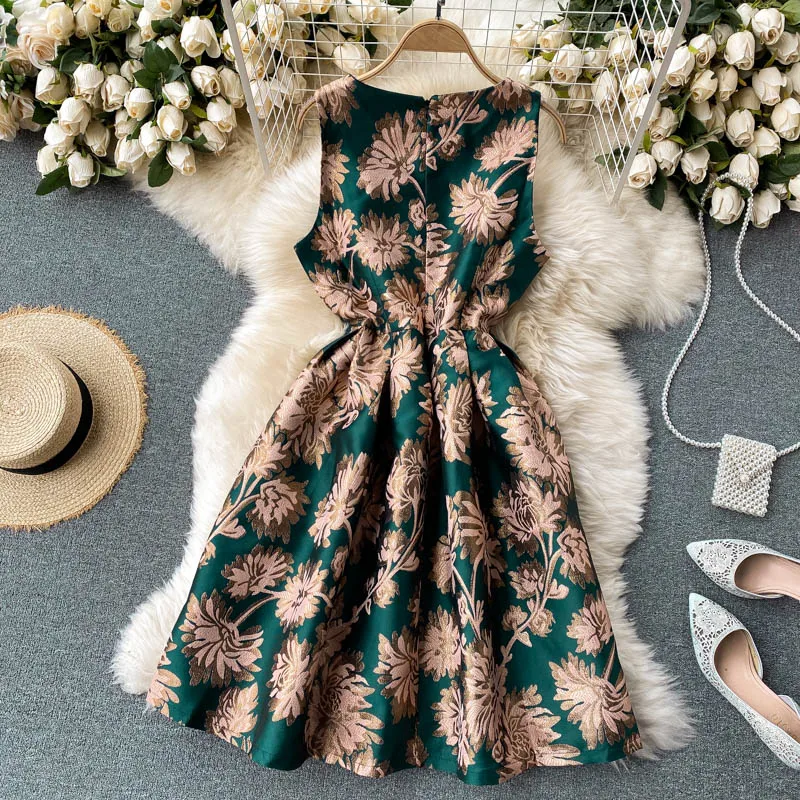 

Elegant Jacquared Flower Pattern Women Tank Dress O-neck Retro Pleated Sleeveless Knee-length Dress TN1734